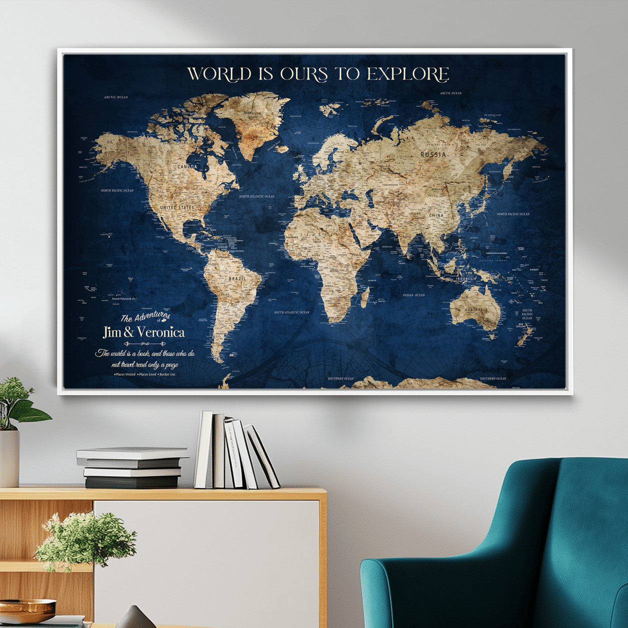 33364828-MGV-FC-36X24 - Personalized World Map Wall Art – Custom Framed Push Pin Travel Tracker Canvas Print Unique Gift for Home, Office