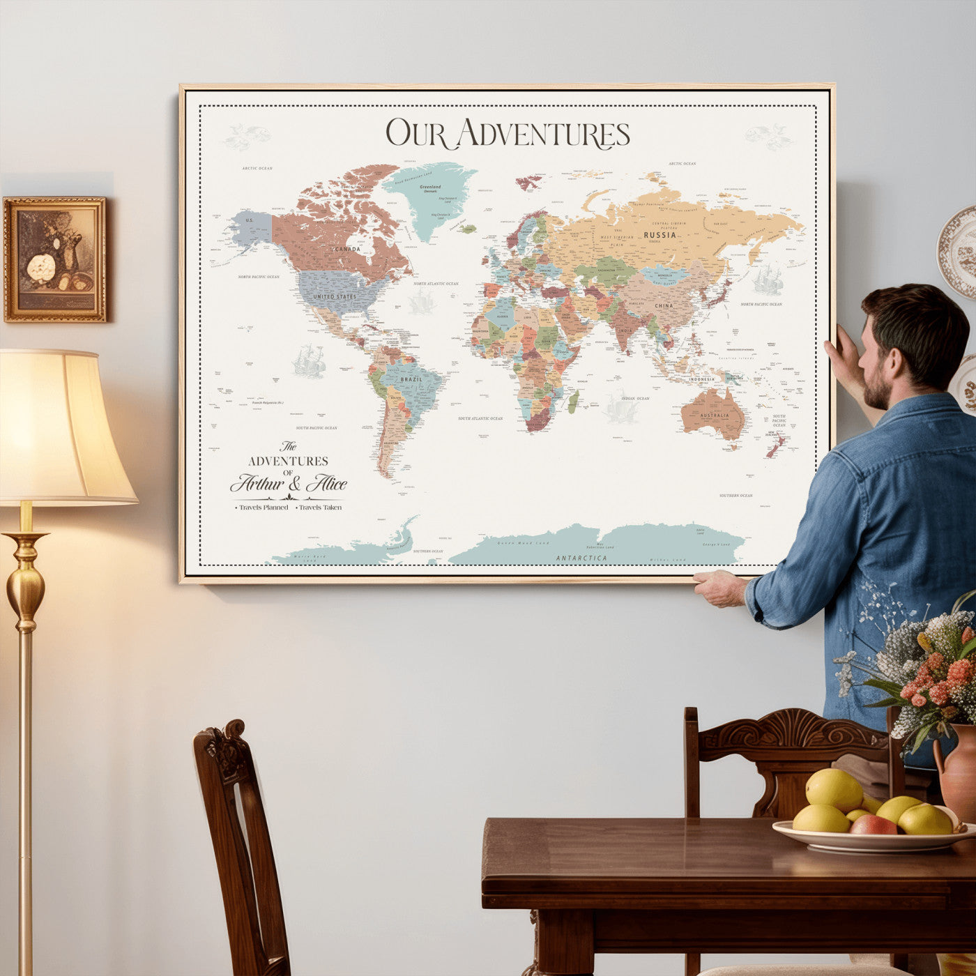 63033739-MGV-FC-36X24 - Personalized Push Pin World Map Wall Art Canvas Print with Pins – Customize Travel Tracker Map for Home and Office Décor