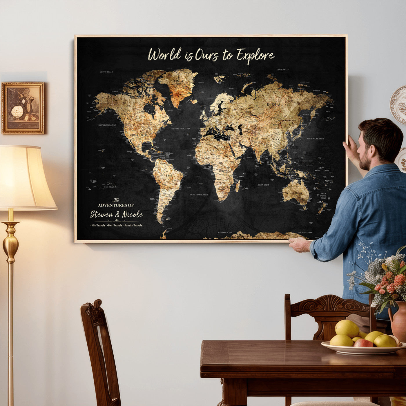 64106311-MGV-FC-36X24 - Personalized Push Pin World Map Wall Art Canvas Print with Pins – Customize Travel Tracker Map for Home and Office Décor