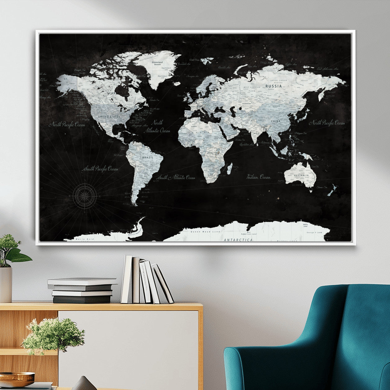 30759283-MGV-FC-36X24 - World Map Wall Art Canvas Print, Modern Decorative Framed Map Artwork Prints for Living Room, Office, Bedroom Wall Decor