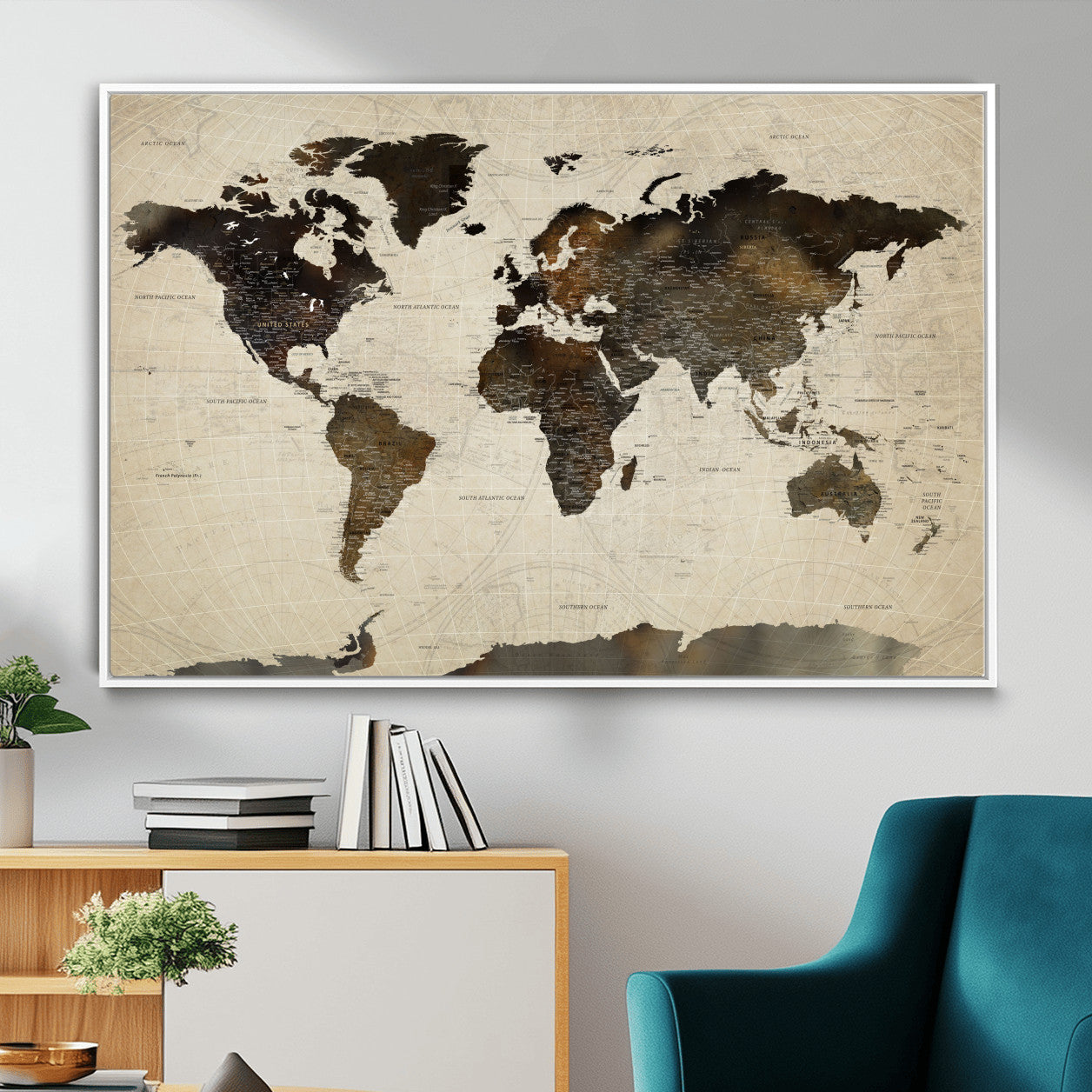 81771296-MGV-FC-36X24 - World Map Wall Art Canvas Print, Modern Decorative Framed Map Artwork Prints for Living Room, Office, Bedroom Wall Decor