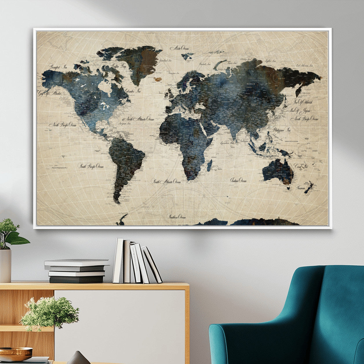 33438443-MGV-FC-36X24 - World Map Wall Art Canvas Print, Modern Decorative Framed Map Artwork Prints for Living Room, Office, Bedroom Wall Decor