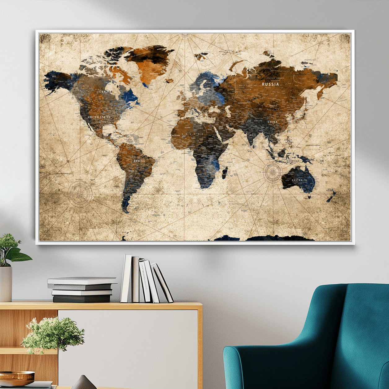 56297284-MGV-FC-36X24 - World Map Wall Art Canvas Print, Modern Decorative Framed Map Artwork Prints for Living Room, Office, Bedroom Wall Decor