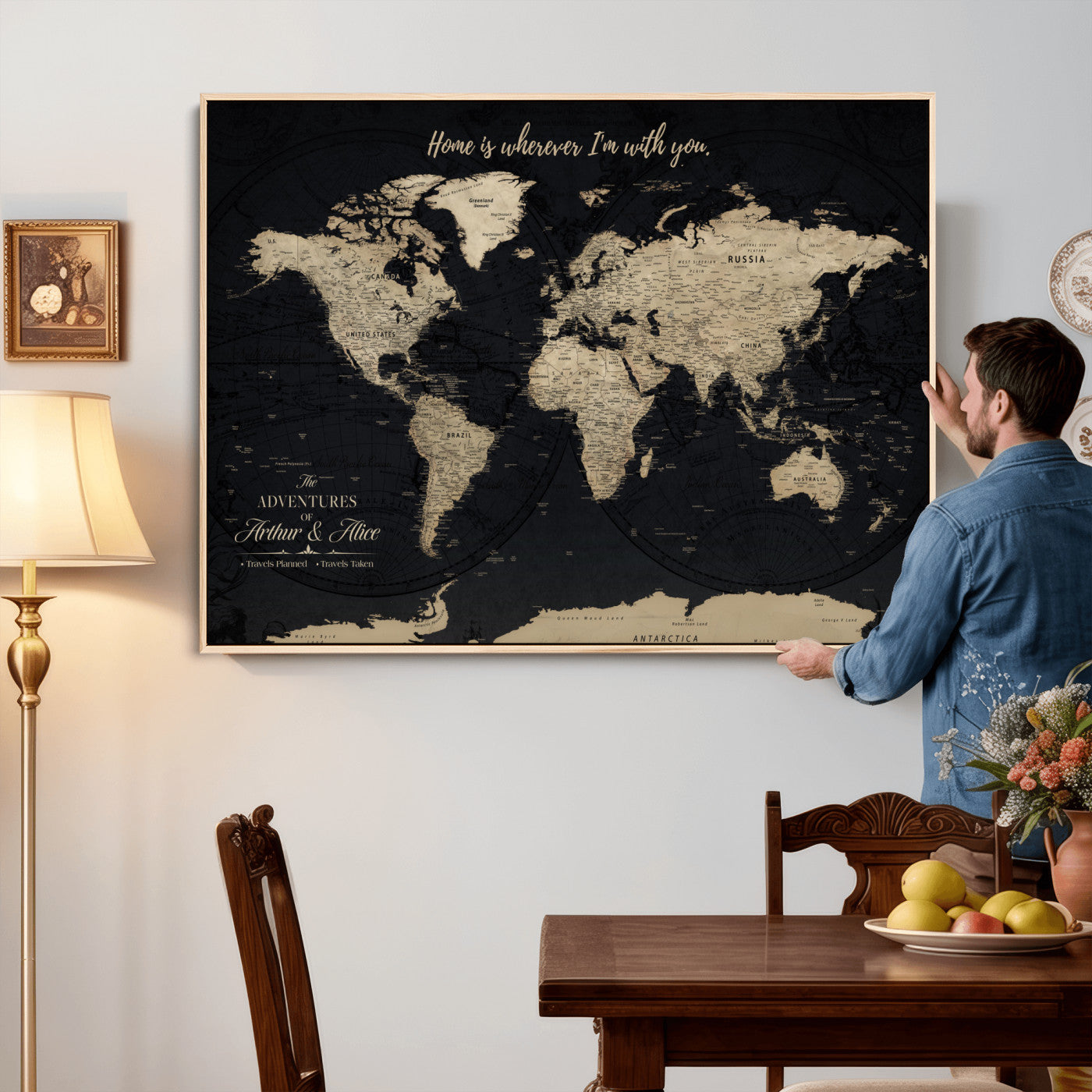 87955516-MGV-FC-36X24 - Customized Push Pin World Map Wall Art Canvas Print with Pins, Framed Personalize Travel Tracker Map, World Map for Living Room and Office Decor