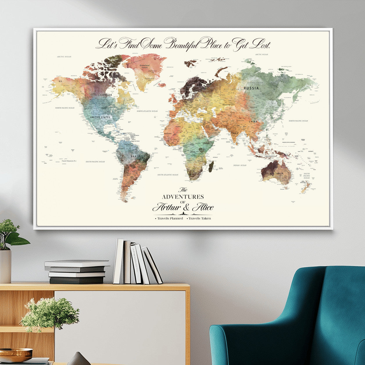 67119830-MGV-FC-36X24 - Customized Push Pin World Map Wall Art Canvas Print with Pins, Framed Personalize Travel Tracker Map, World Map for Living Room and Office Decor