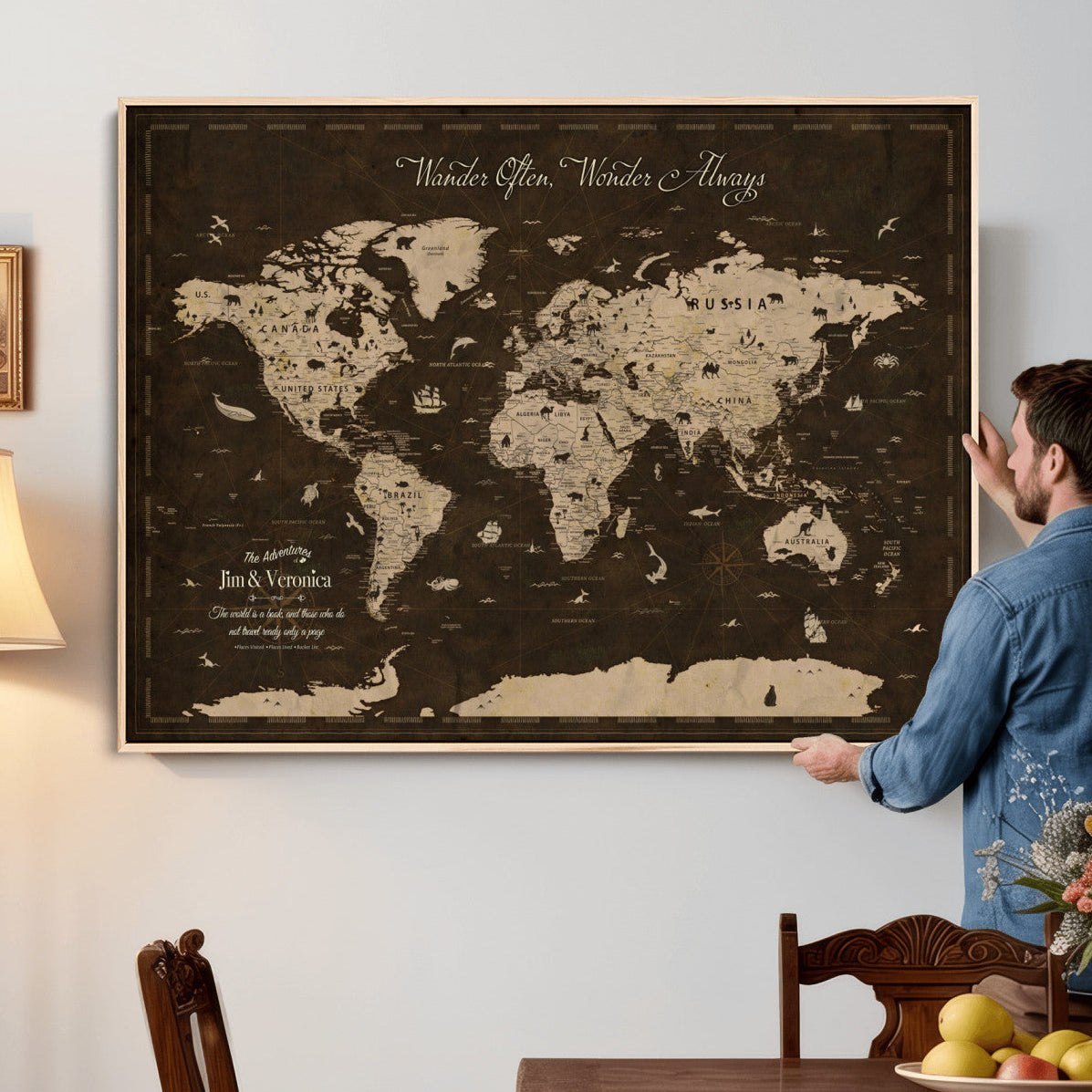 85776859-MGV-FC-36X24 - Personalize Push Pin World Map Wall Art Canvas Print with Pins, Framed Personalize Travel Tracker Map, World Map for Living Room and Office Decor