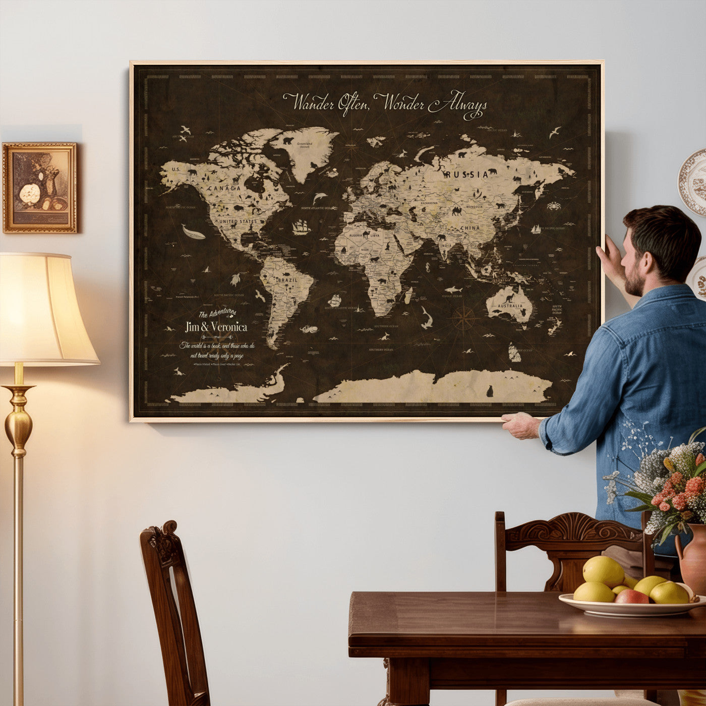 85776859-MGV-FC-36X24 - Personalize Push Pin World Map Wall Art Canvas Print with Pins, Framed Personalize Travel Tracker Map, World Map for Living Room and Office Decor
