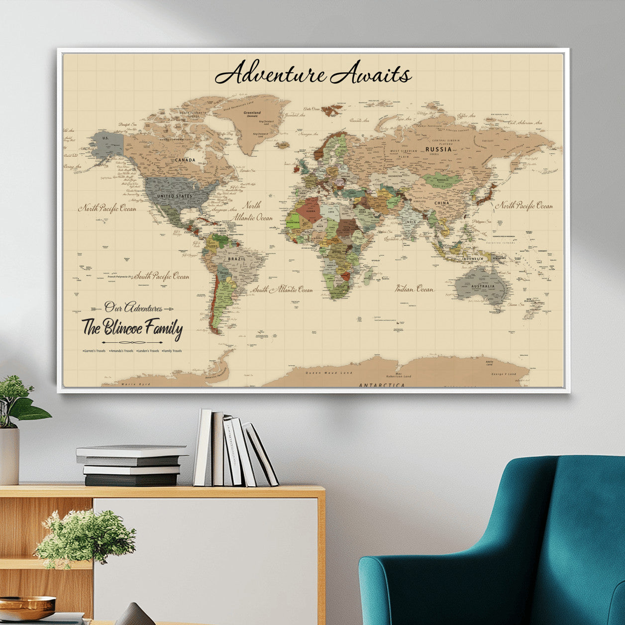 63407426-MGV-FC-36X24 - Customized Push Pin World Map Wall Art Canvas Print with Pins, Framed Personalize Travel Tracker Map, World Map for Living Room and Office Decor