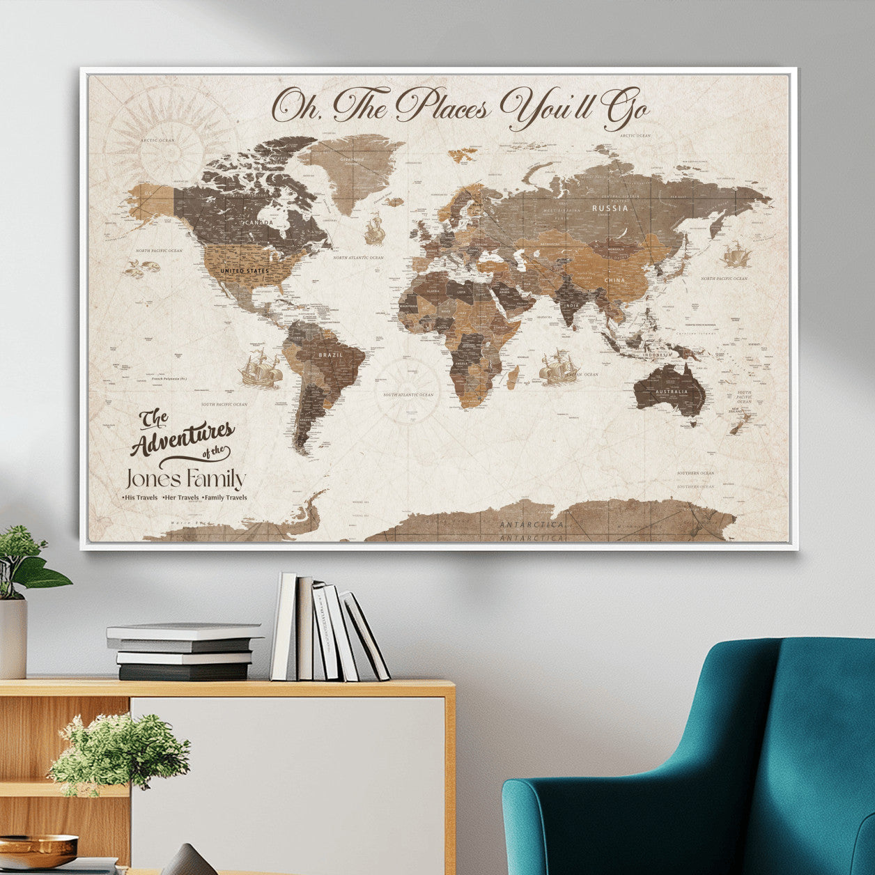 97885954-MGV-FC-36X24 - Customized Push Pin World Map Wall Art Canvas Print with Pins, Framed Personalize Travel Tracker Map, World Map for Living Room and Office Decor