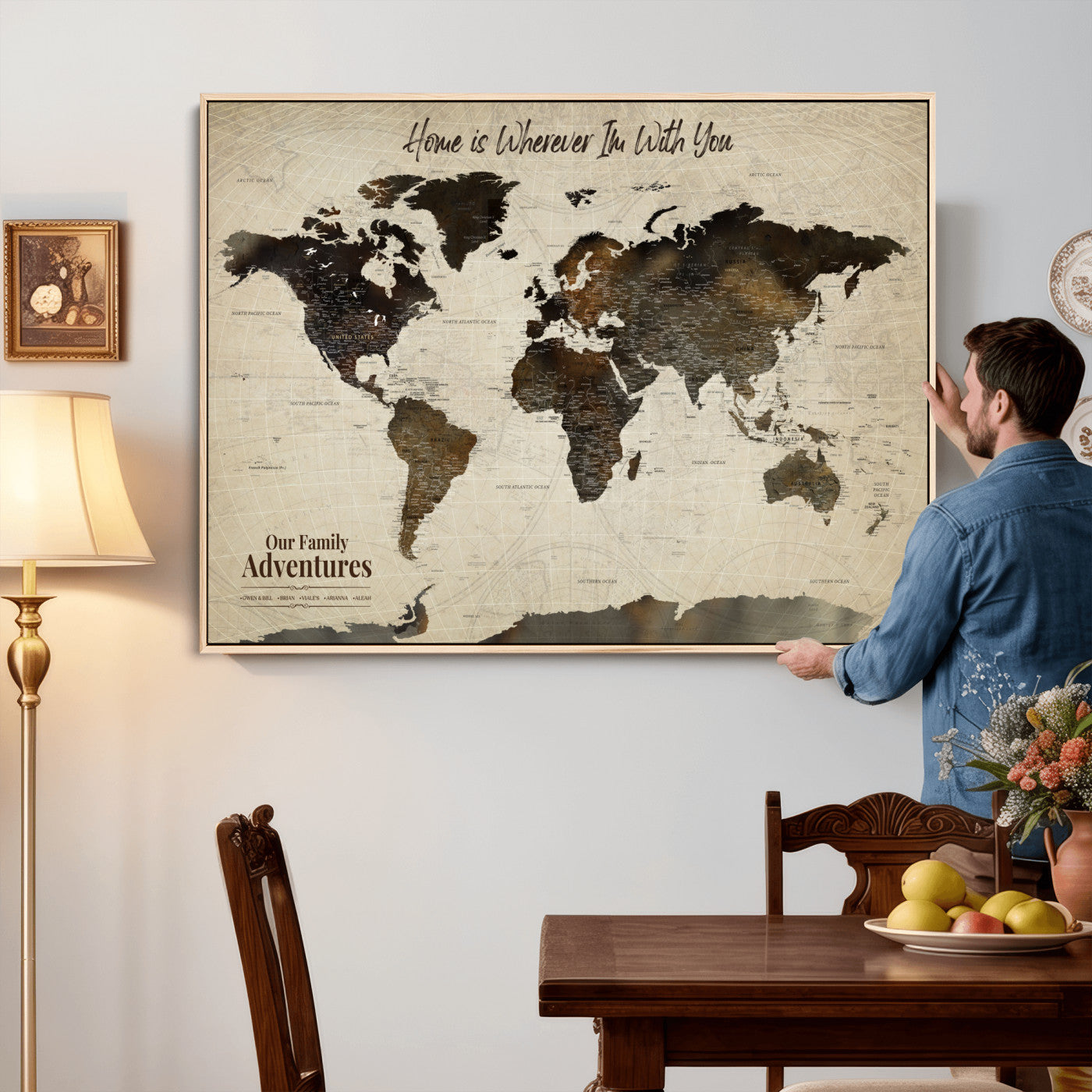 44658041-MGV-FC-36X24 - Customized Push Pin World Map Wall Art Canvas Print with Pins, Framed Personalize Travel Tracker Map, World Map for Living Room and Office Decor