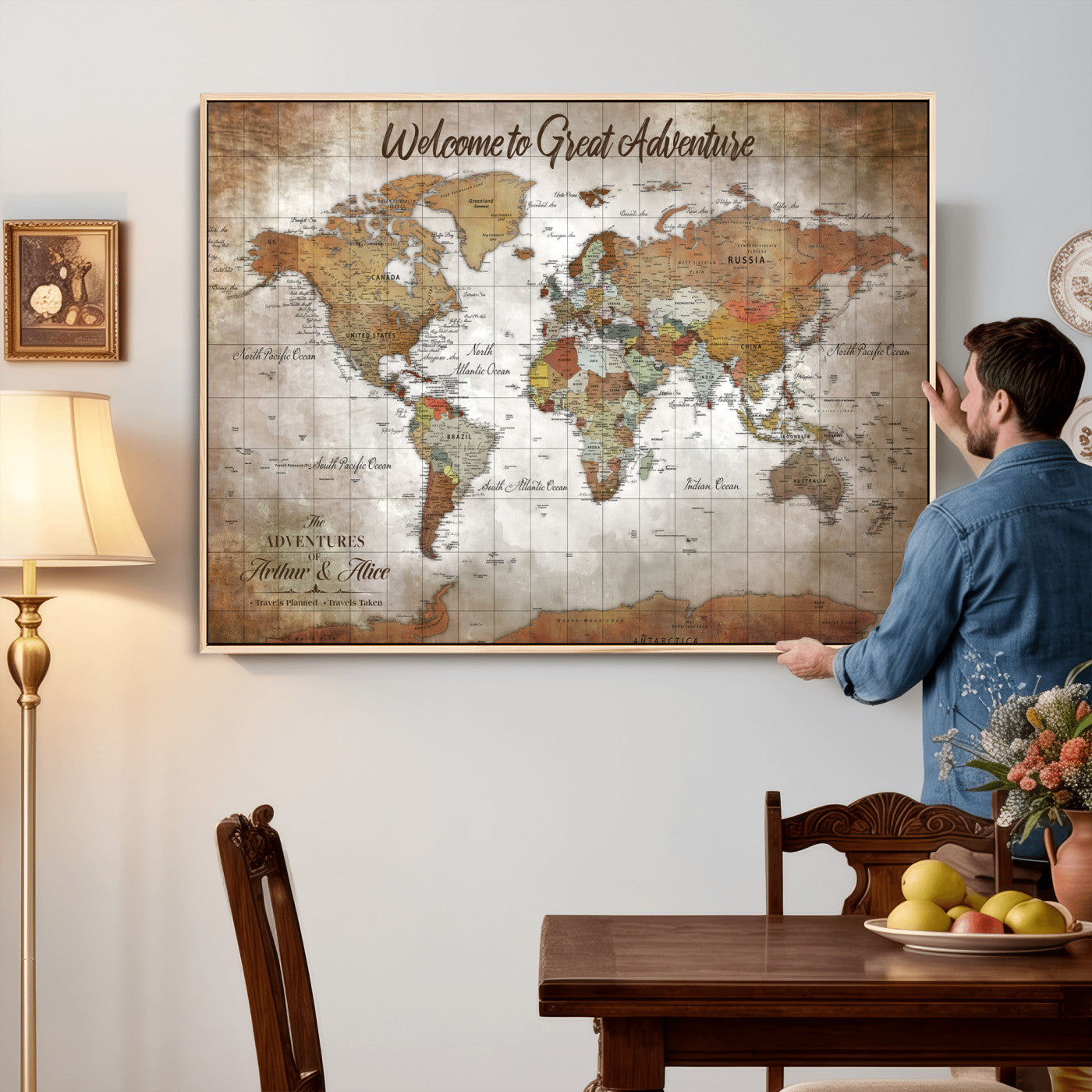 94821994-MGV-CV-36X24 - Custom Push Pin World Map Wall Art Canvas Print – Personalized Travel Tracker with Pins Framed Large for Home and Office Decor