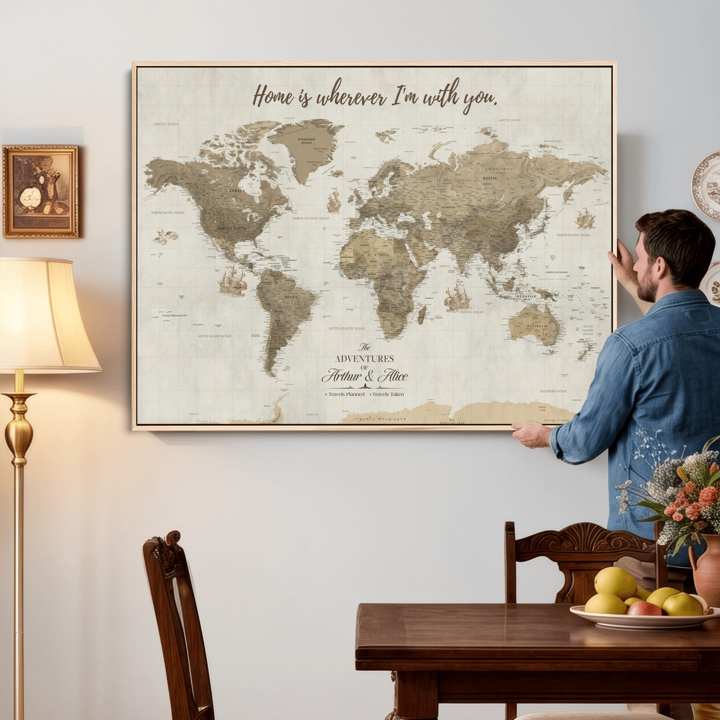 61351027-MGV-CV-36X24 - Custom Push Pin World Map Wall Art Canvas Print – Personalized Travel Tracker with Pins Framed Large for Home and Office Decor