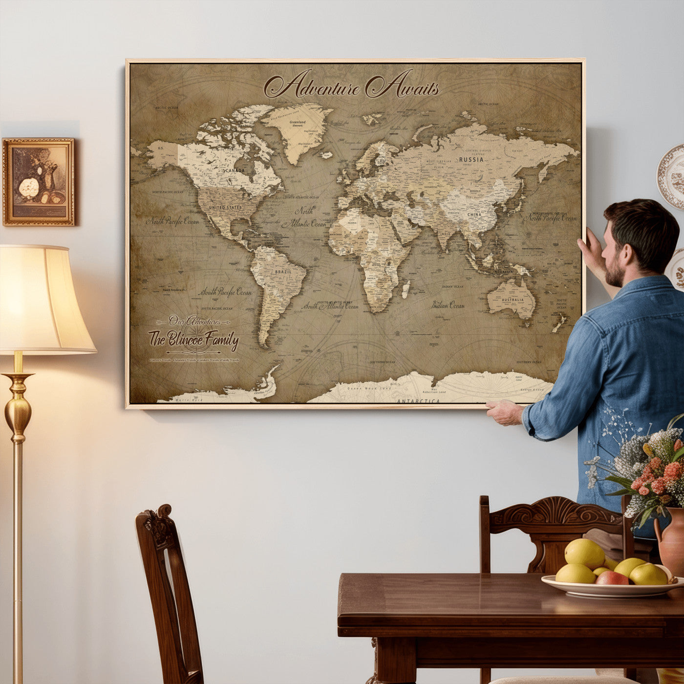 96775856-MGV-CV-36X24 - Custom Push Pin World Map Wall Art Canvas Print – Personalized Travel Tracker with Pins Framed Large for Home and Office Decor