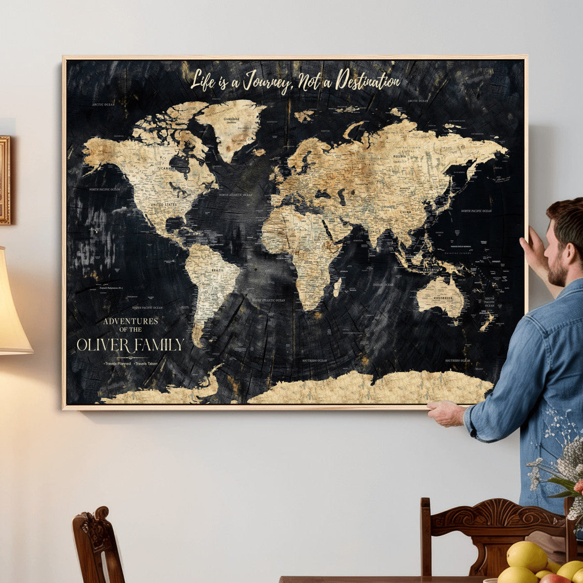 77472096-MGV-CV-36X24 - Custom Push Pin World Map Wall Art Canvas Print – Personalized Travel Tracker with Pins Framed Large for Home and Office Decor