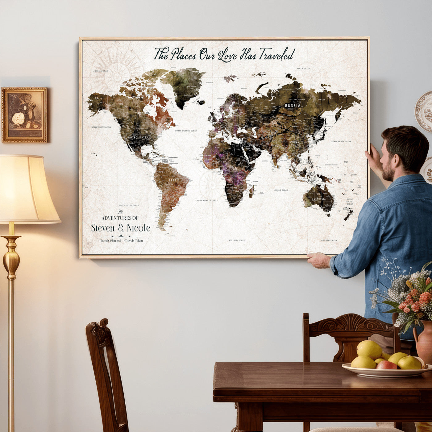 34345515-MGV-CV-36X24 - Custom Push Pin World Map Wall Art Canvas Print – Personalized Travel Tracker with Pins Framed Large for Home and Office Decor