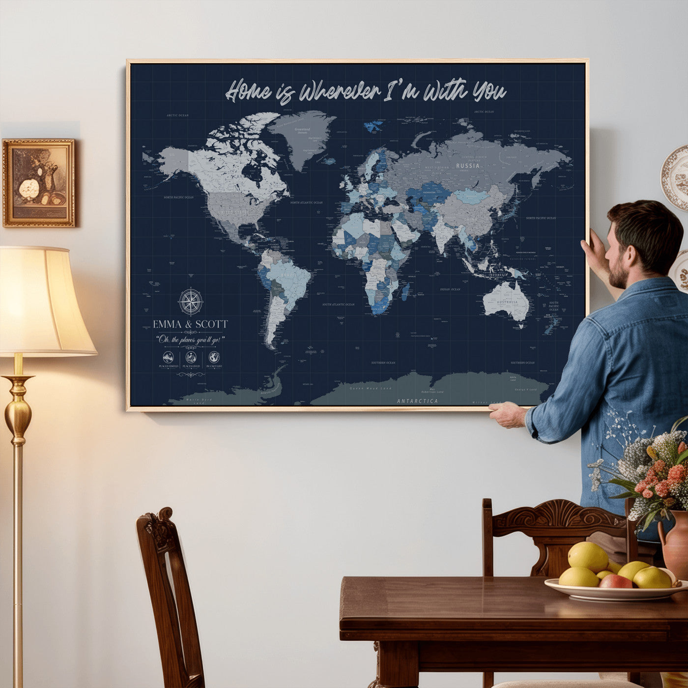 NEWMAP-18-MGV-CV-36X24 - Custom Push Pin World Map Wall Art Canvas Print – Personalized Travel Tracker with Pins Framed Large Print - NEWMAP-18