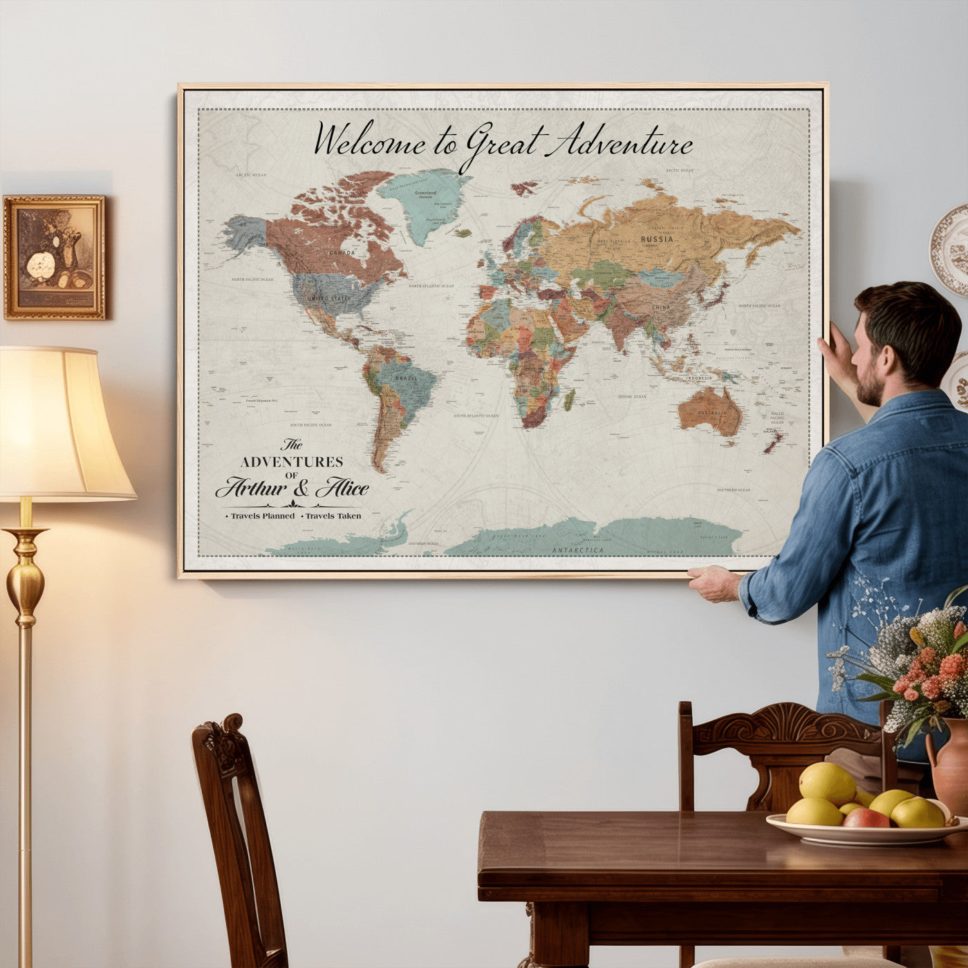 32470528-MGV-CV-36X24 - Custom Push Pin World Map Wall Art Canvas Print – Personalized Travel Tracker with Pins Framed Large for Home and Office Decor