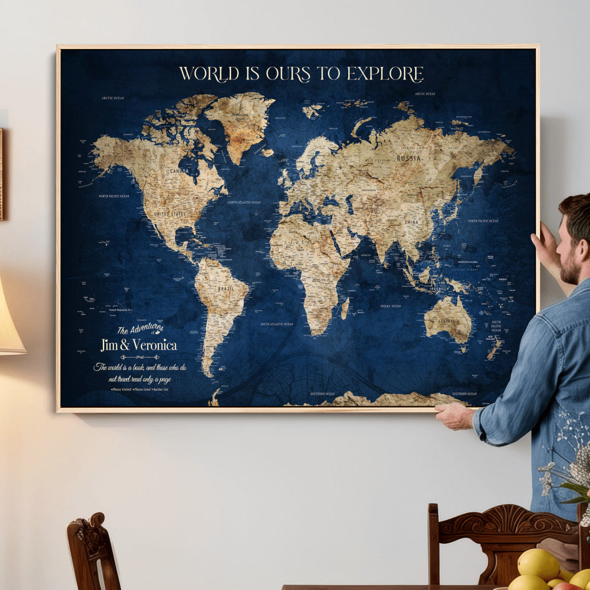35296308-MGV-CV-36X24 - Custom Push Pin World Map Wall Art Canvas Print – Personalized Travel Tracker with Pins Framed Large for Home and Office Decor