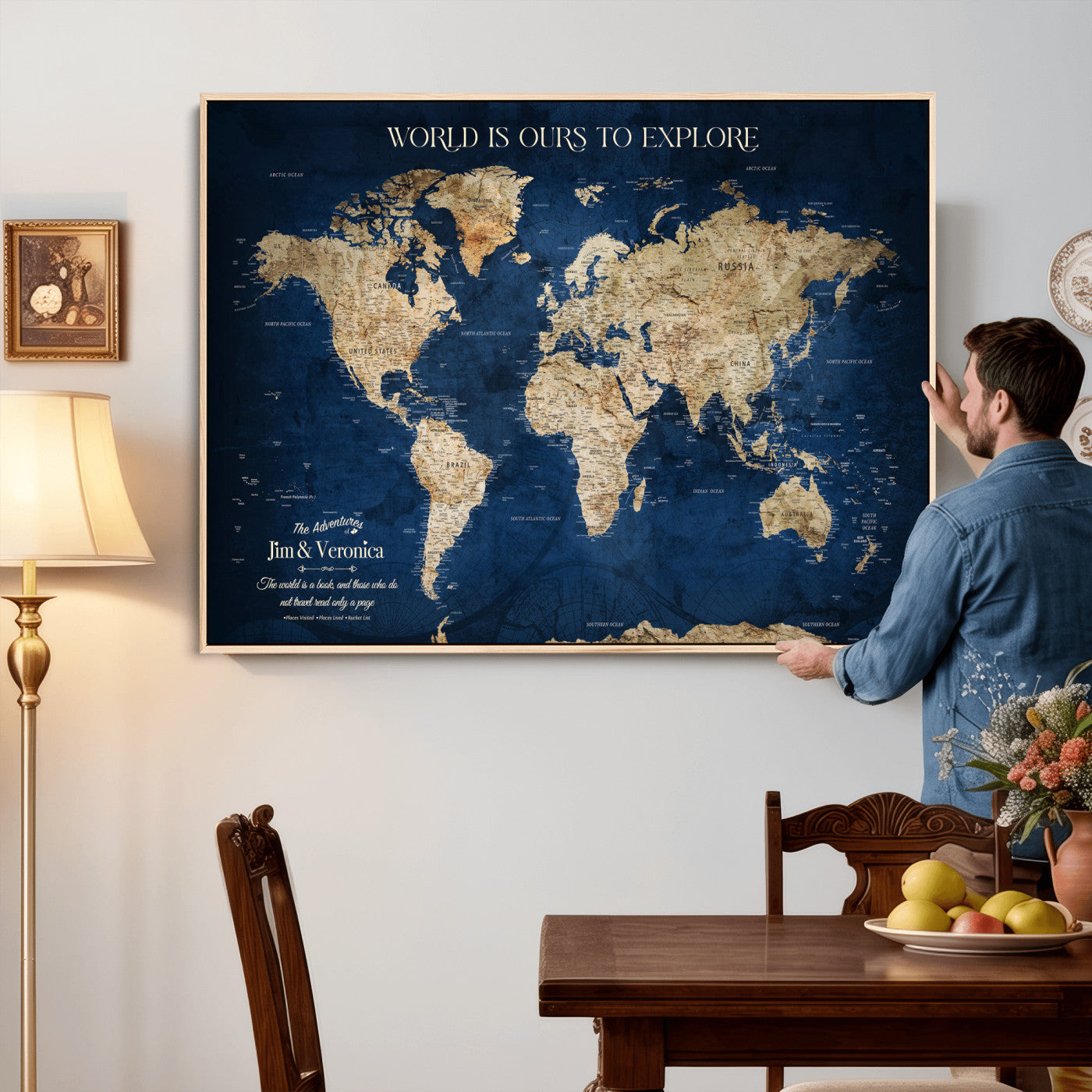35296308-MGV-CV-36X24 - Custom Push Pin World Map Wall Art Canvas Print – Personalized Travel Tracker with Pins Framed Large for Home and Office Decor