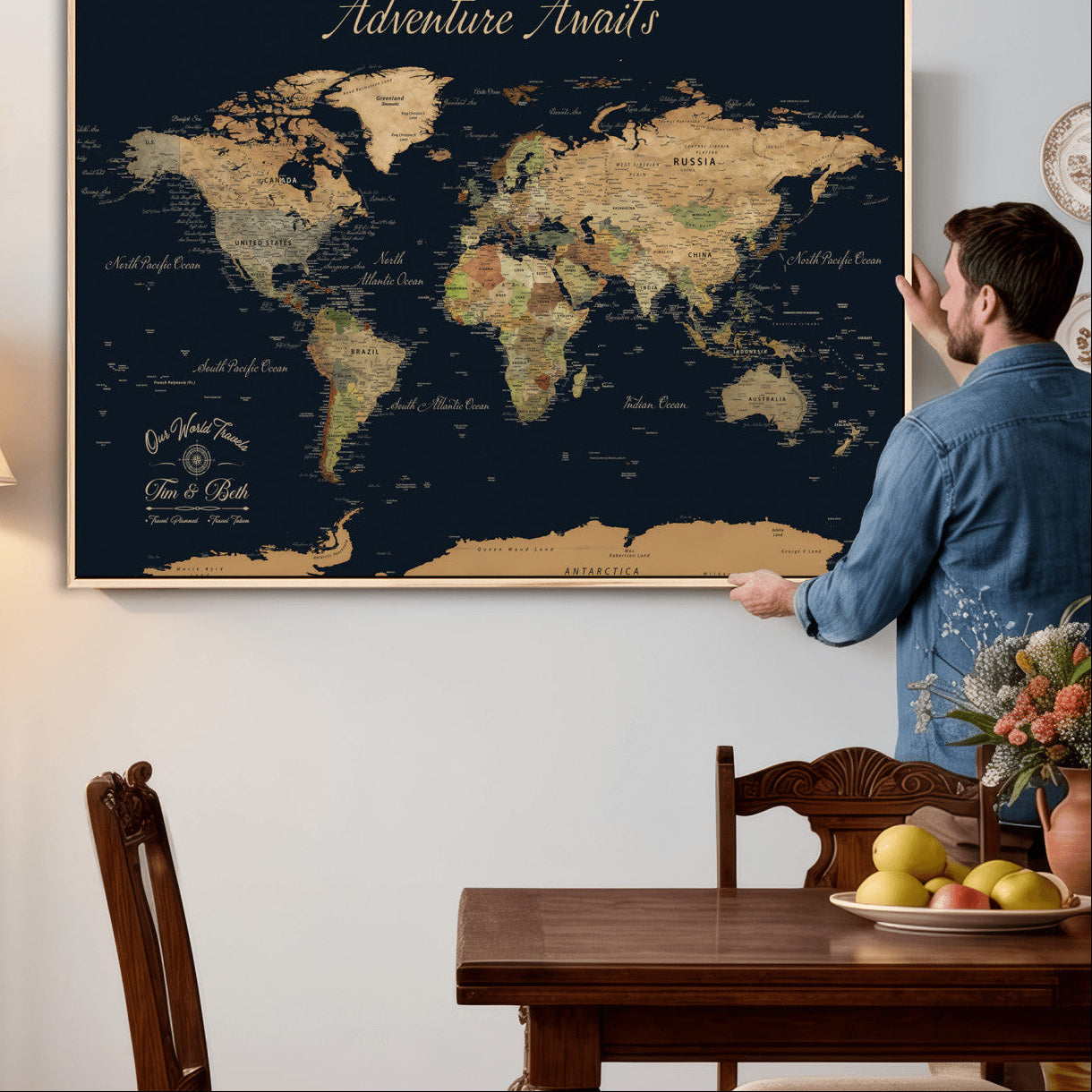 45739634-MGV-CV-36X24 - Custom Push Pin World Map Wall Art Canvas Print – Personalized Travel Tracker with Pins Framed Large for Home and Office Decor