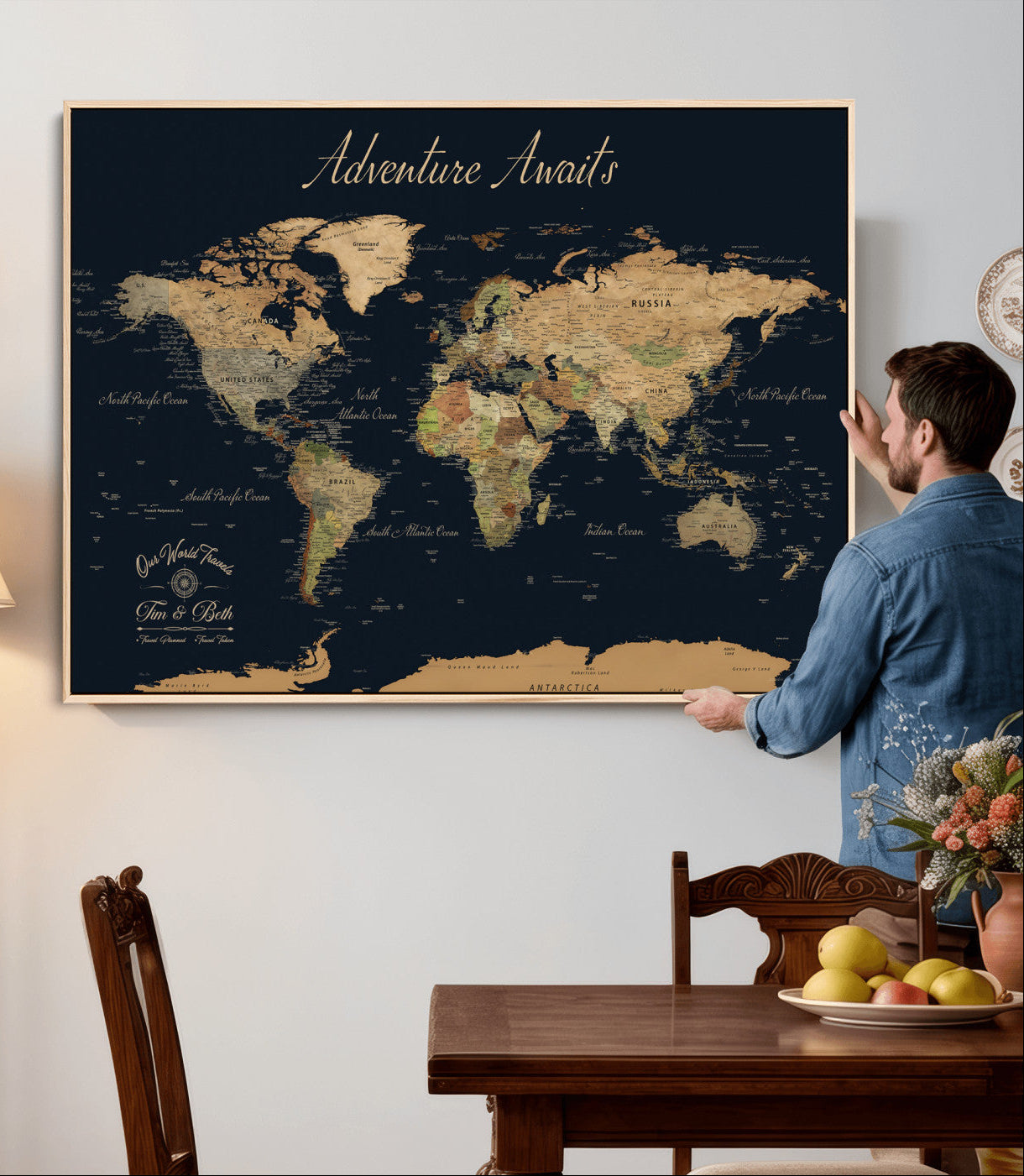 45739634-MGV-CV-36X24 - Custom Push Pin World Map Wall Art Canvas Print – Personalized Travel Tracker with Pins Framed Large for Home and Office Decor