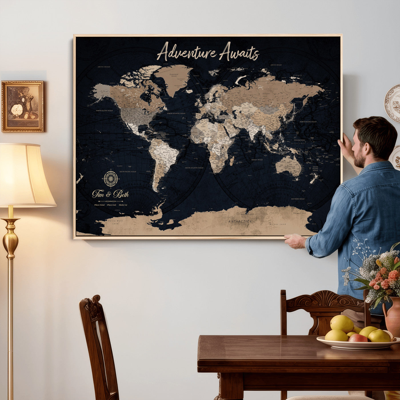 66938317-MGV-CV-36X24 - Custom Push Pin World Map Wall Art Canvas Print – Personalized Travel Tracker with Pins Framed Large for Home and Office Decor