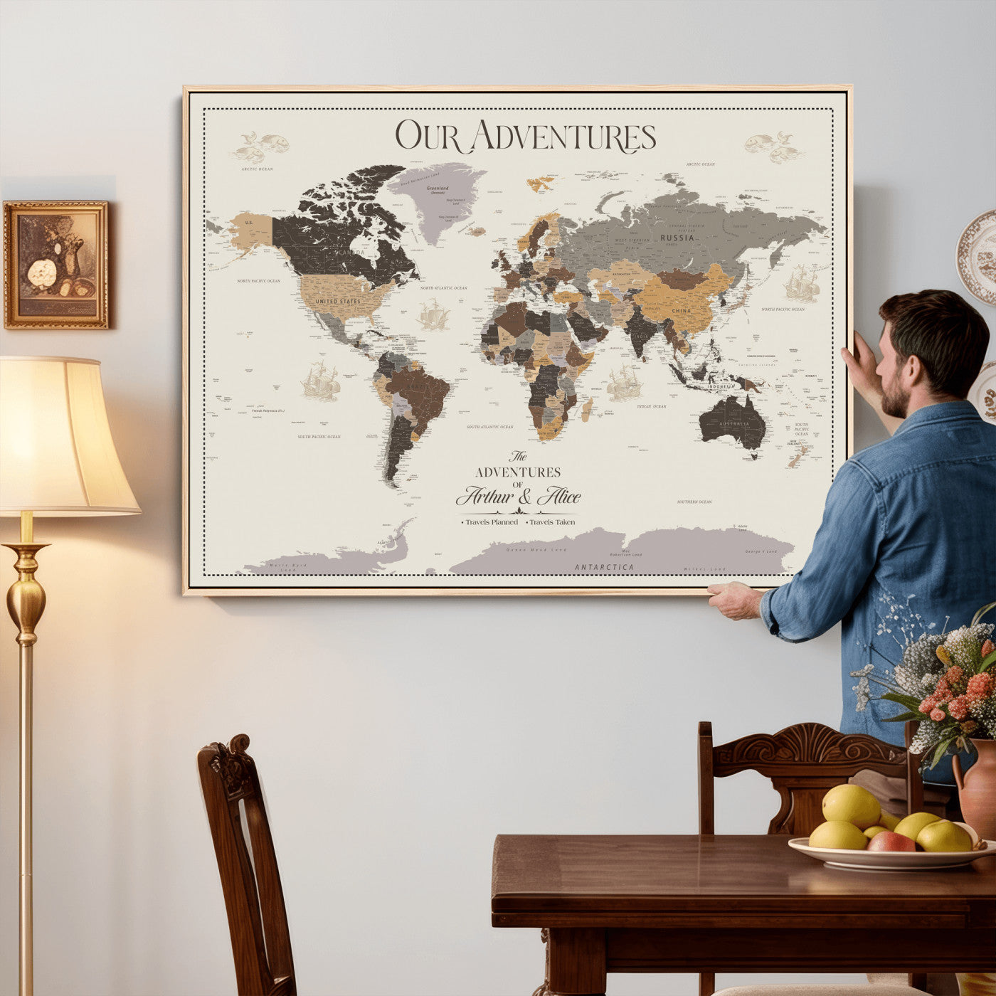 66301646-MGV-CV-36X24 - Custom Push Pin World Map Wall Art Canvas Print – Personalized Travel Tracker with Pins Framed Large for Home and Office Decor