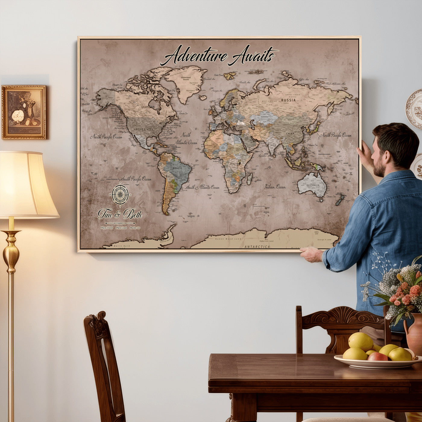 30508877-MGV-CV-36X24 - Custom Push Pin World Map Wall Art Canvas Print – Personalized Travel Tracker with Pins Framed Large for Home and Office Decor