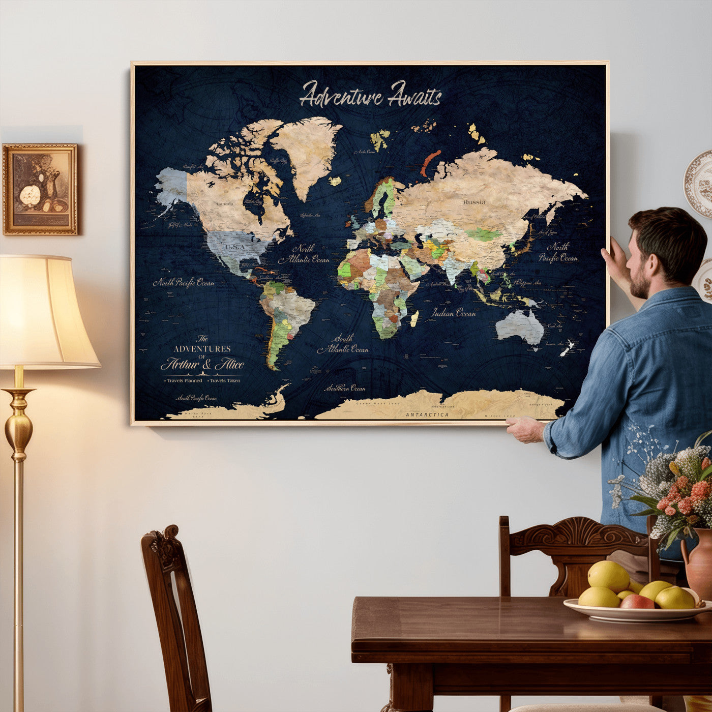 39120422-MGV-CV-36X24 - Custom Push Pin World Map Wall Art Canvas Print – Personalized Travel Tracker with Pins Framed Large for Home and Office Decor