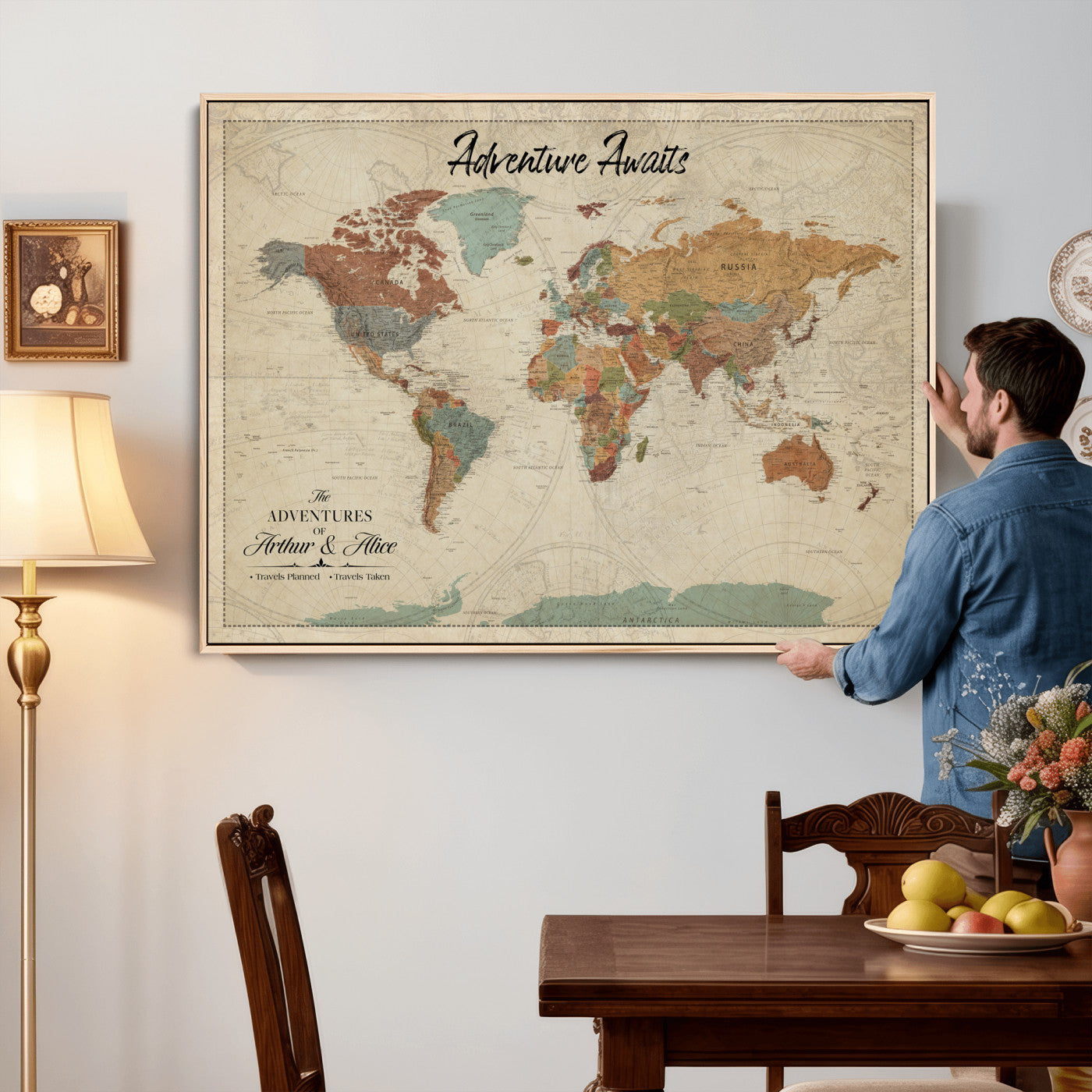 10741176-MGV-CV-36X24 - Custom Push Pin World Map Wall Art Canvas Print – Personalized Travel Tracker with Pins Framed Large for Home and Office Decor