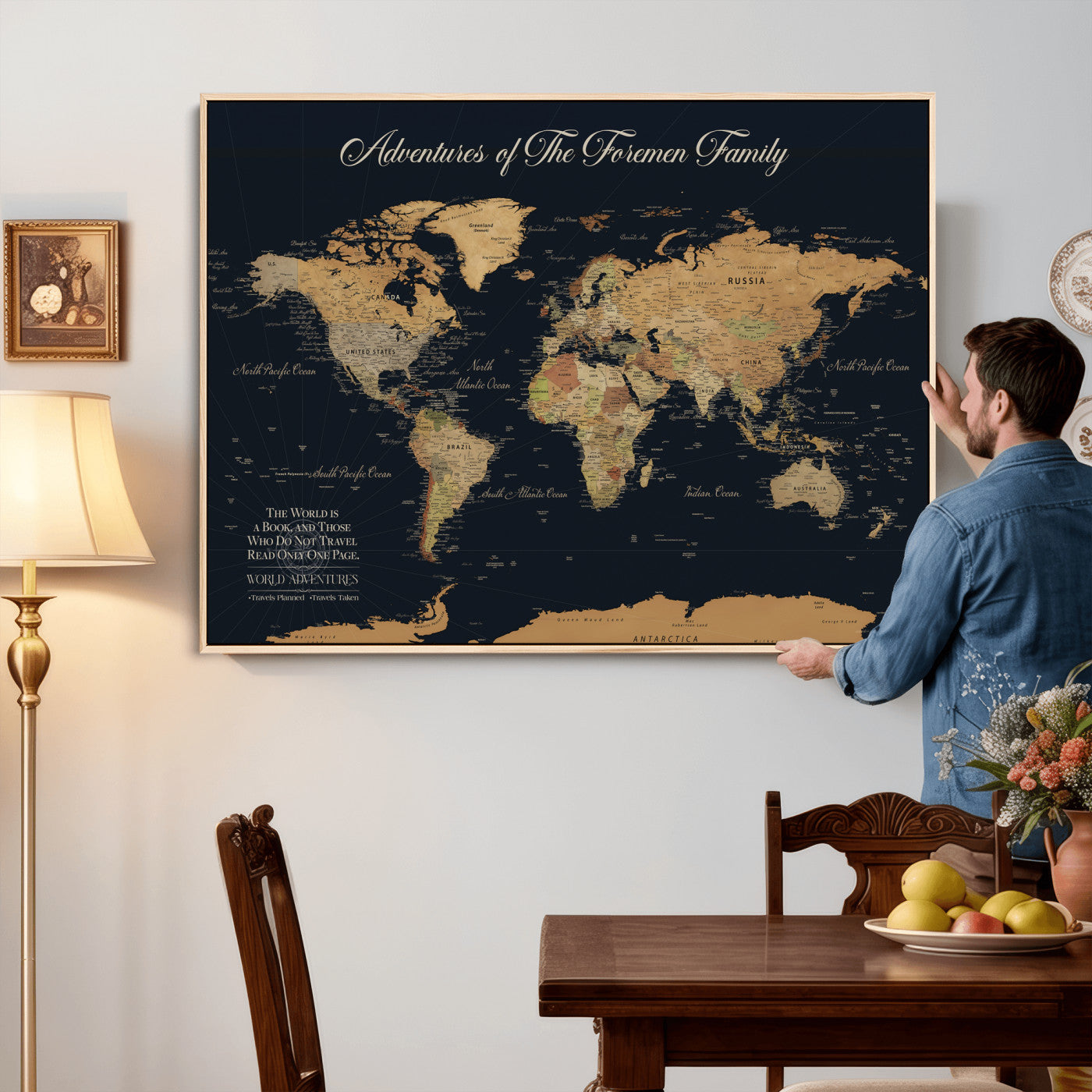 89403803-MGV-CV-36X24 - Custom Push Pin World Map Wall Art Canvas Print – Personalized Travel Tracker with Pins Framed Large for Home and Office Decor