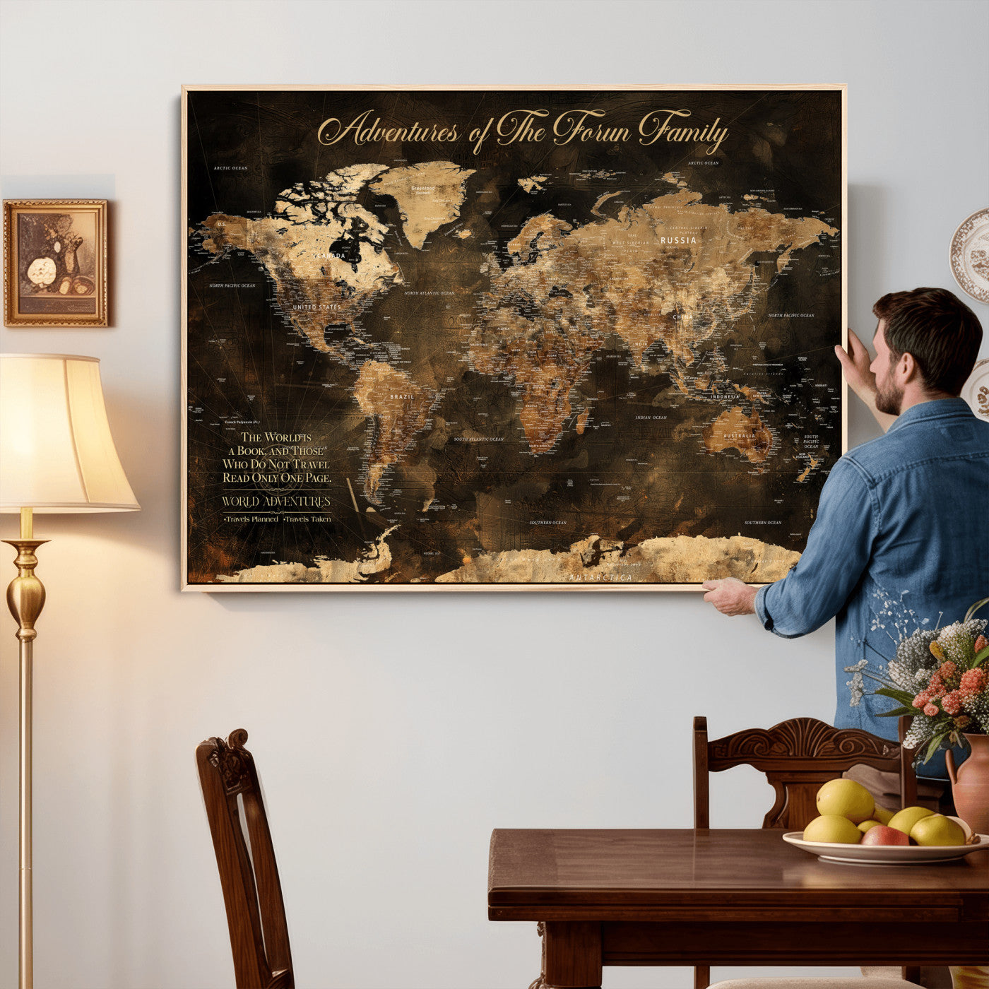 20594960-MGV-CV-36X24 - Custom Push Pin World Map Wall Art Canvas Print – Personalized Travel Tracker with Pins Framed Large for Home and Office Decor
