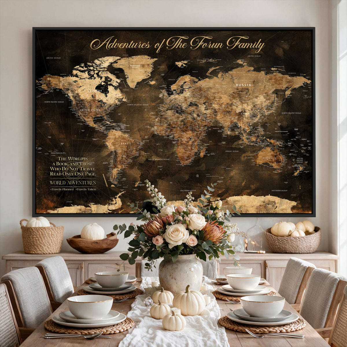 20594960-MGV-CV-36X24 - Custom Push Pin World Map Wall Art Canvas Print – Personalized Travel Tracker with Pins Framed Large for Home and Office Decor