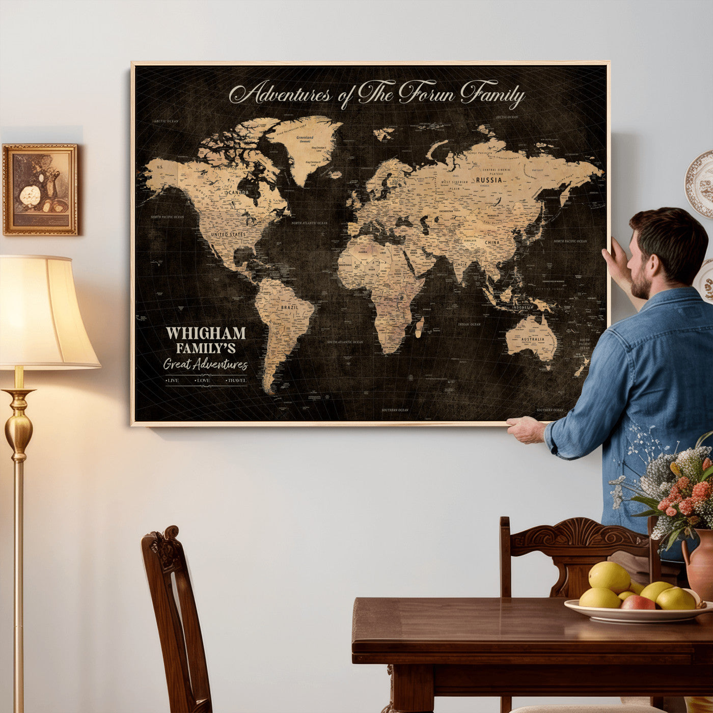 68639184-MGV-CV-36X24 - Custom Push Pin World Map Wall Art Canvas Print – Personalized Travel Tracker with Pins Framed Large for Home and Office Decor