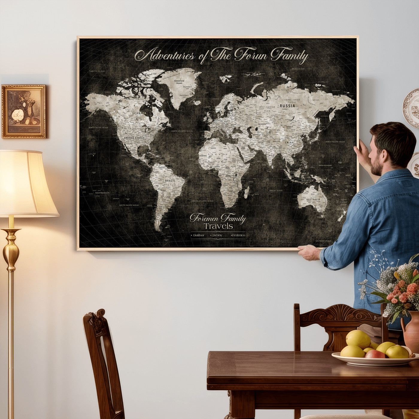 73767525-MGV-CV-36X24 - Custom Push Pin World Map Wall Art Canvas Print – Personalized Travel Tracker with Pins Framed Large for Home and Office Decor