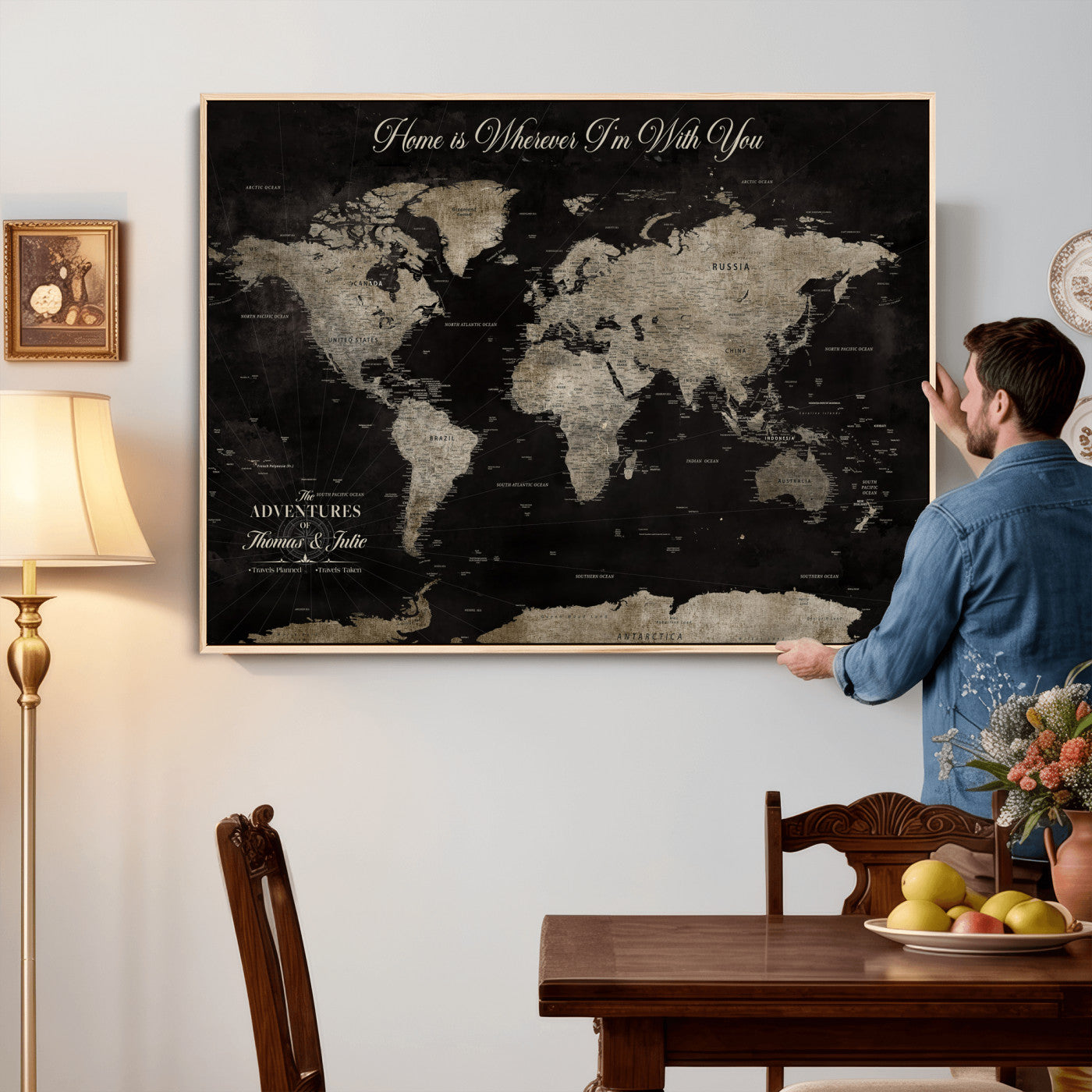 28461537-MGV-CV-36X24 - Custom Push Pin World Map Wall Art Canvas Print – Personalized Travel Tracker with Pins Framed Large for Home and Office Decor