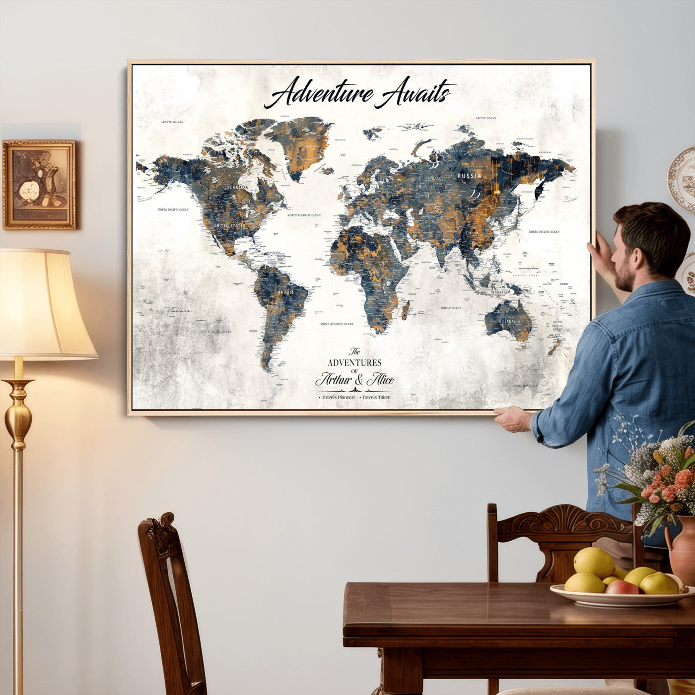 26041262-MGV-CV-36X24 - Custom Push Pin World Map Wall Art Canvas Print – Personalized Travel Tracker with Pins Framed Large for Home and Office Decor