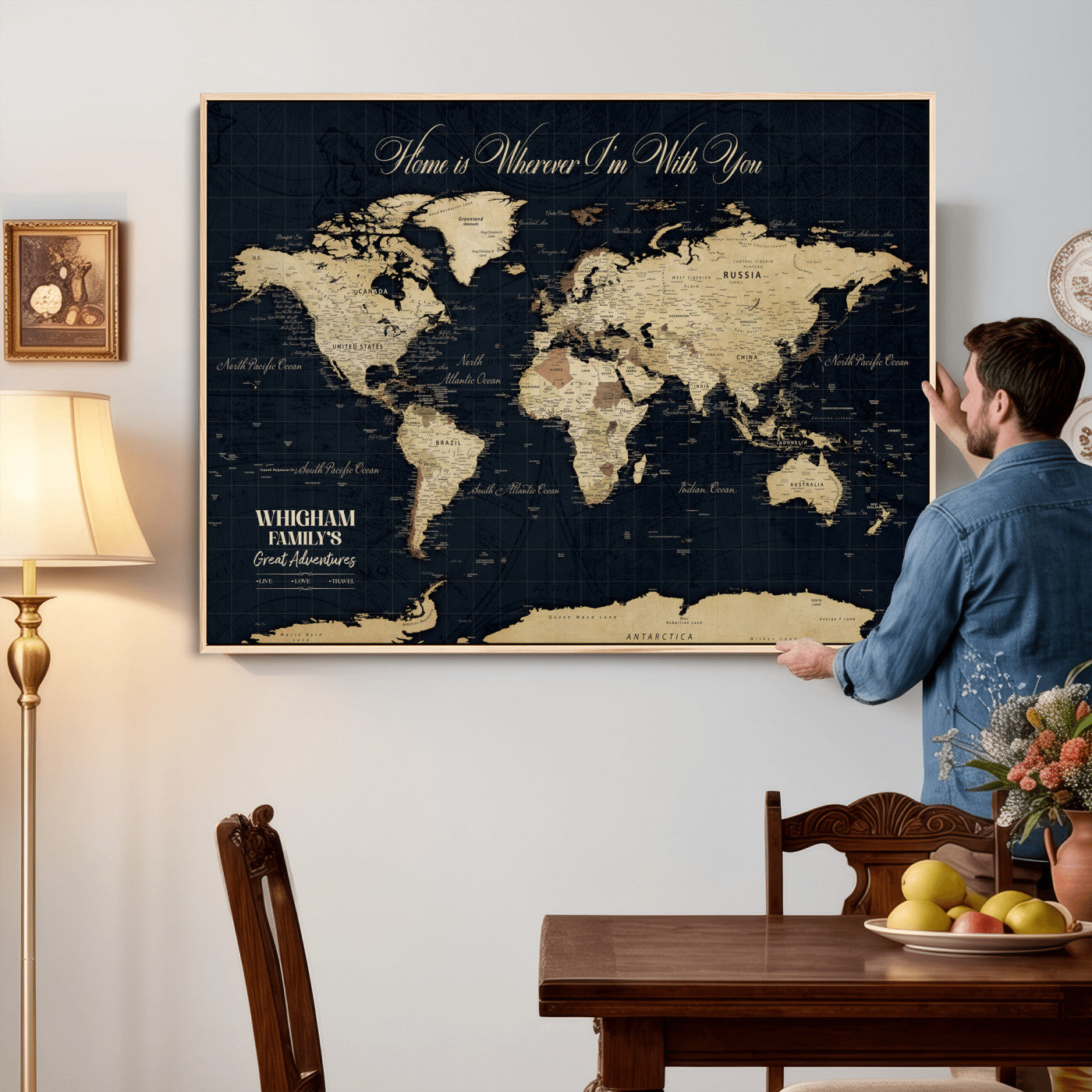 86888698-MGV-CV-36X24 - Custom Push Pin World Map Wall Art Canvas Print – Personalized Travel Tracker with Pins Framed Large for Home and Office Decor