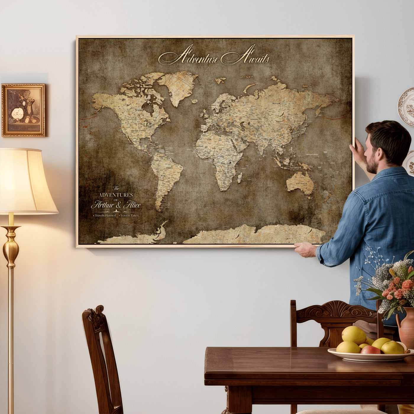 61836190-MGV-CV-36X24 - Custom Push Pin World Map Wall Art Canvas Print – Personalized Travel Tracker with Pins Framed Large for Home and Office Decor