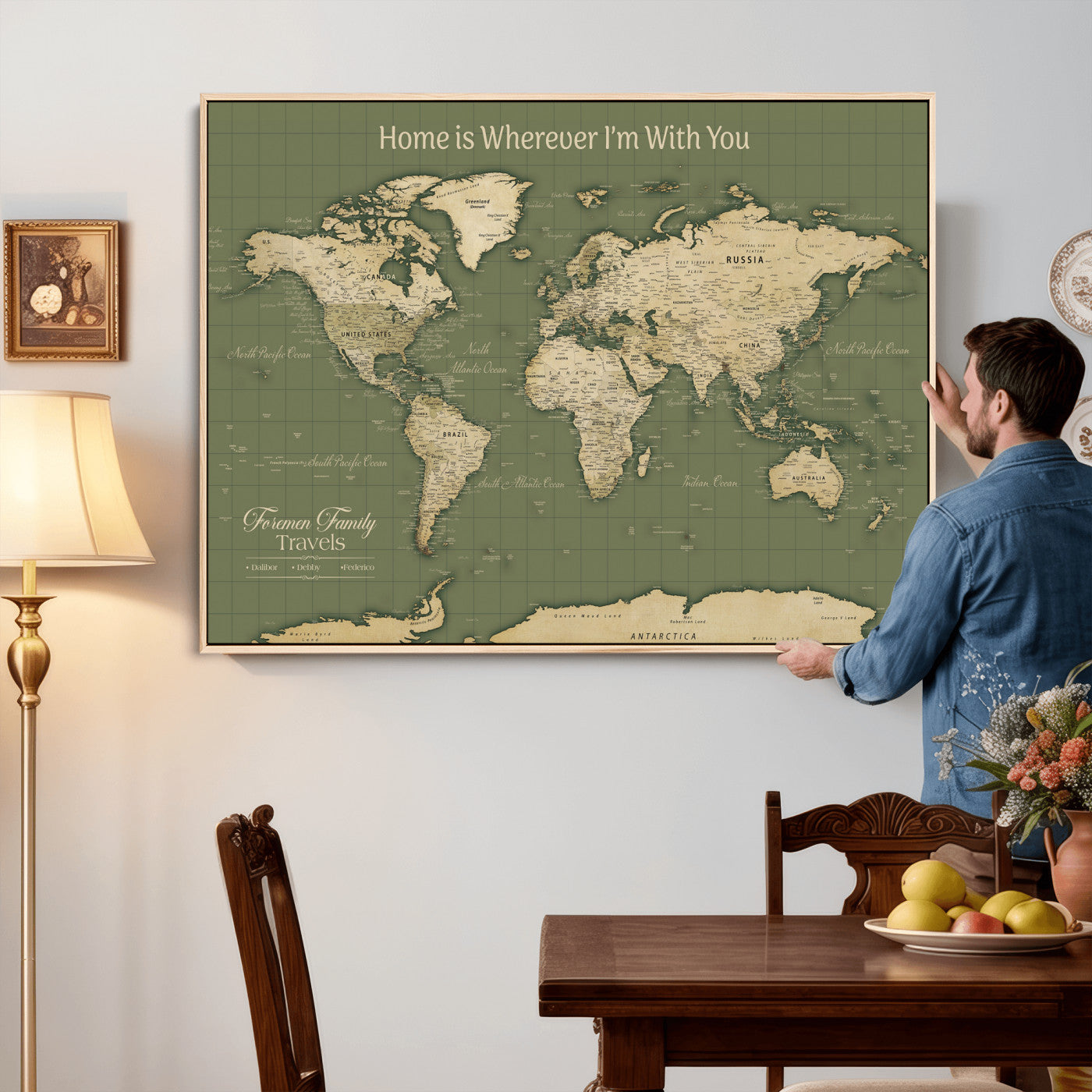 88521244-MGV-CV-36X24 - Custom Push Pin World Map Wall Art Canvas Print – Personalized Travel Tracker with Pins Framed Large for Home and Office Decor