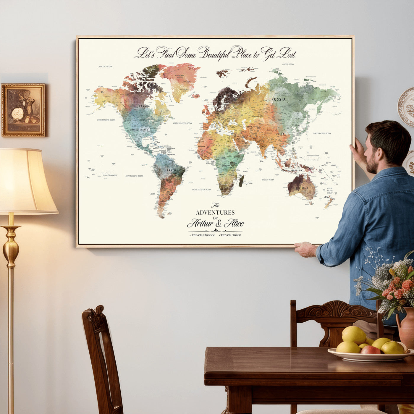 73360781-MGV-CV-36X24 - Custom Push Pin World Map Wall Art Canvas Print – Personalized Travel Tracker with Pins Framed Large for Home and Office Decor