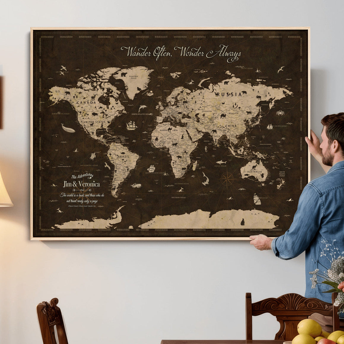 20091587-MGV-CV-36X24 - Custom Push Pin World Map Wall Art Canvas Print – Personalized Travel Tracker with Pins Framed Large for Home and Office Decor