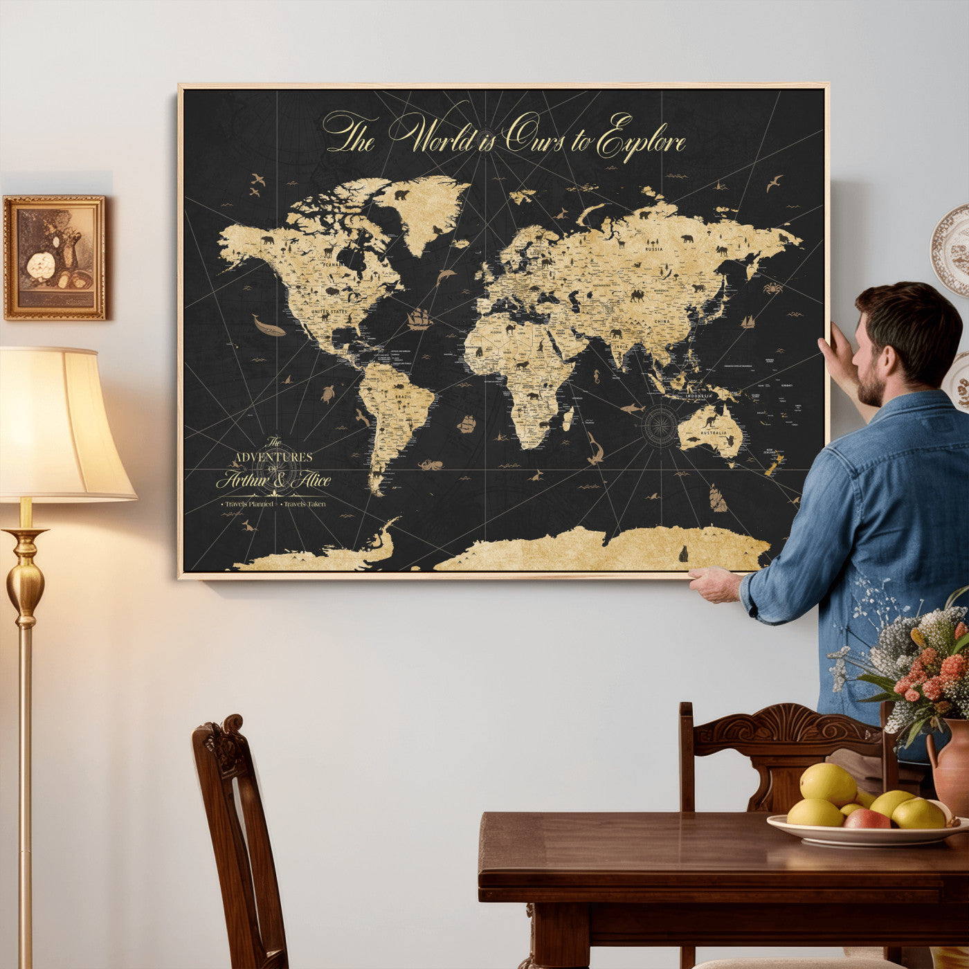 54097664-MGV-CV-36X24 - Custom Push Pin World Map Wall Art Canvas Print – Personalized Travel Tracker with Pins Framed Large for Home and Office Decor
