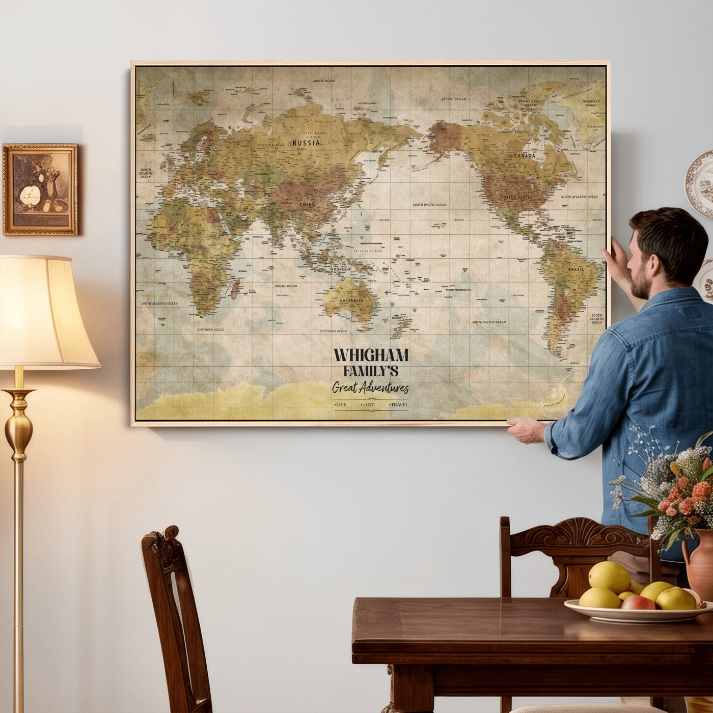 98110883-MGV-CV-36X24 - Custom Push Pin World Map Wall Art Canvas Print – Personalized Travel Tracker with Pins Framed Large for Home and Office Decor