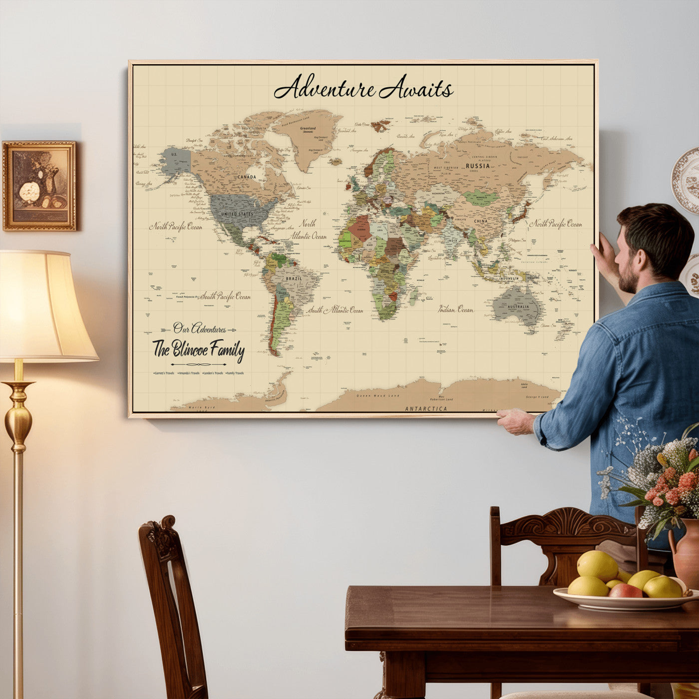 25730261-MGV-CV-36X24 - Custom Push Pin World Map Wall Art Canvas Print – Personalized Travel Tracker with Pins Framed Large for Home and Office Decor