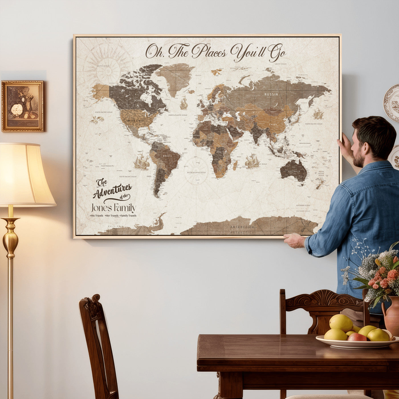99085321-MGV-CV-36X24 - Custom Push Pin World Map Wall Art Canvas Print – Personalized Travel Tracker with Pins Framed Large for Home and Office Decor