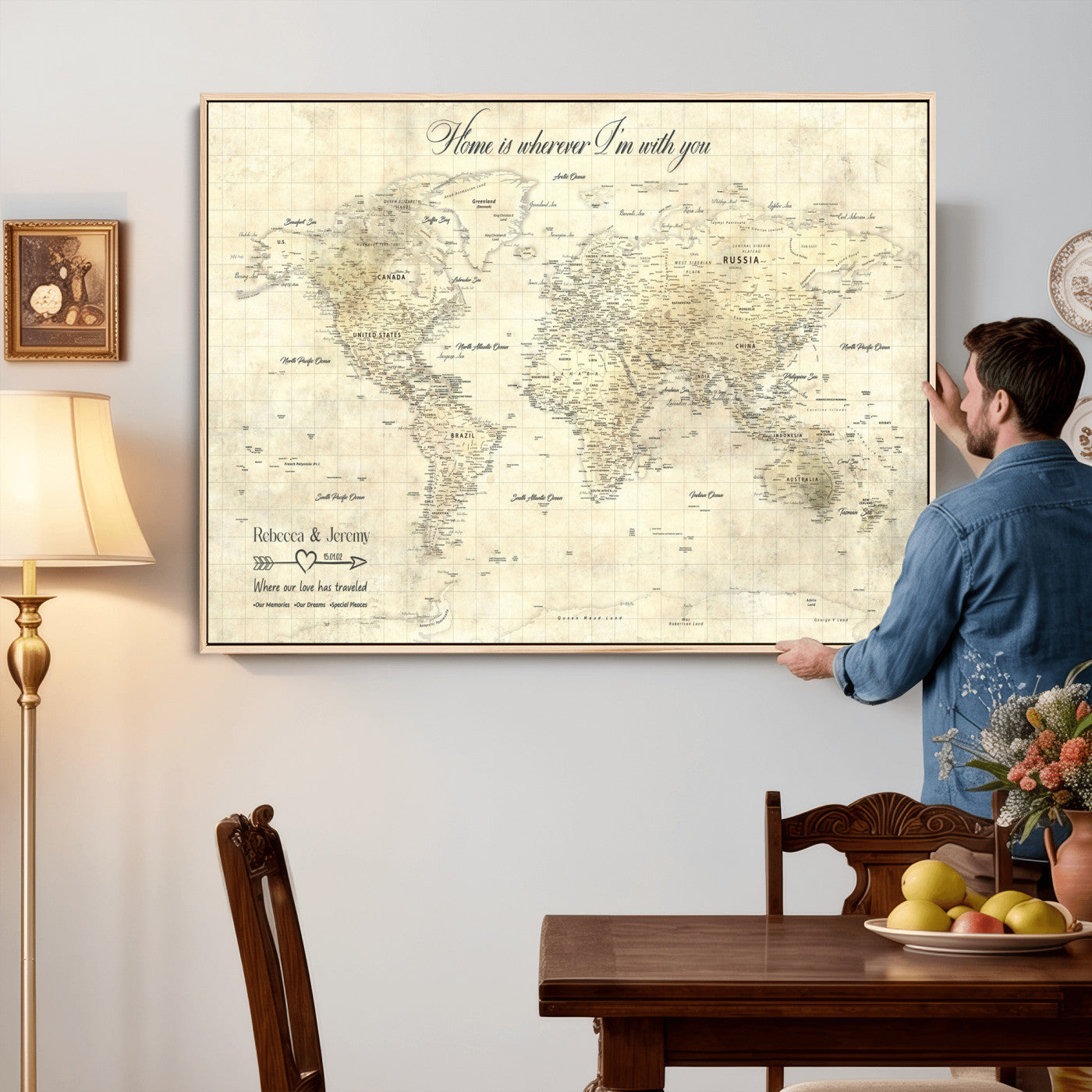 30705590-MGV-CV-36X24 - Custom Push Pin World Map Wall Art Canvas Print – Personalized Travel Tracker with Pins Framed Large for Home and Office Decor