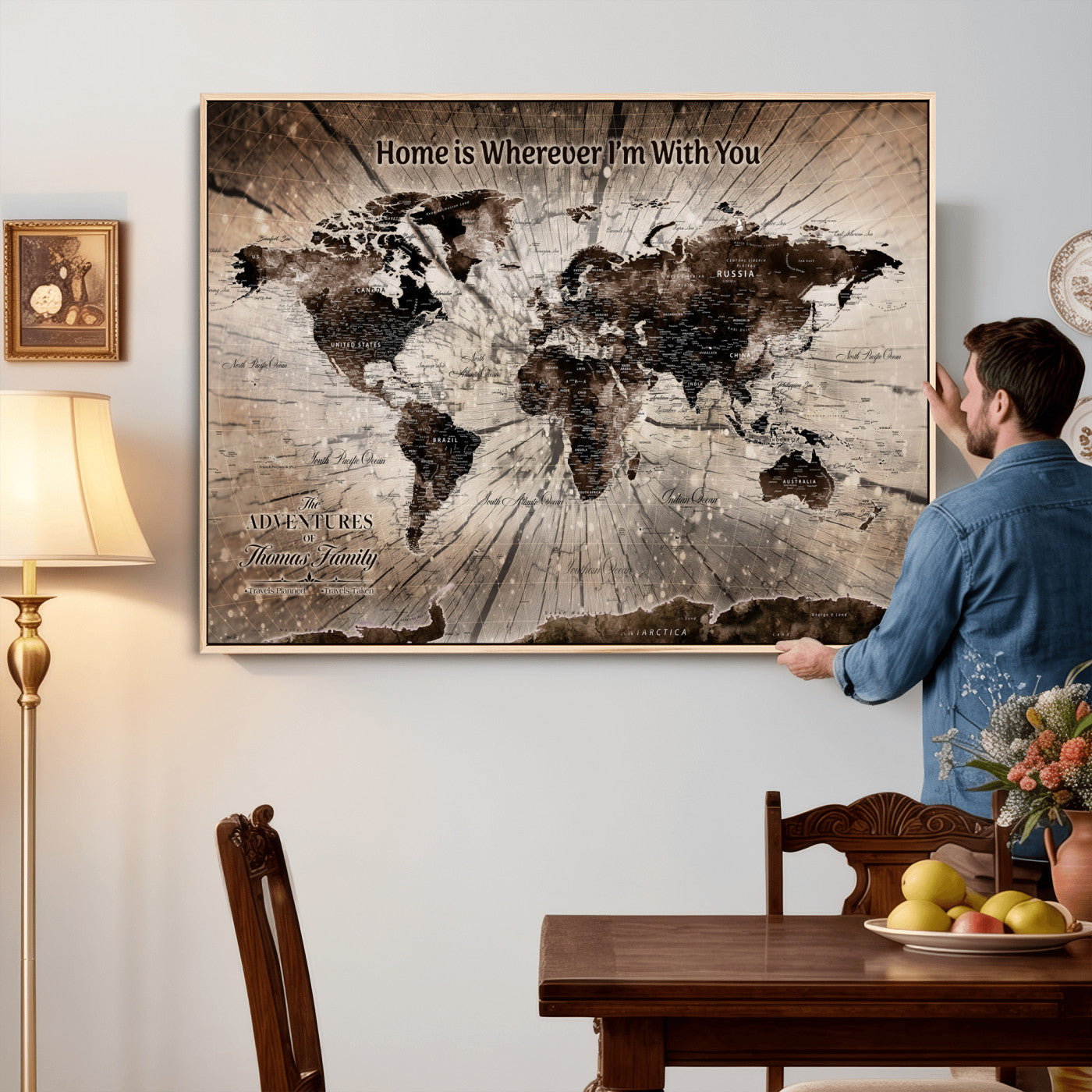 12350515-MGV-CV-36X24 - Custom Push Pin World Map Wall Art Canvas Print – Personalized Travel Tracker with Pins Framed Large for Home and Office Decor