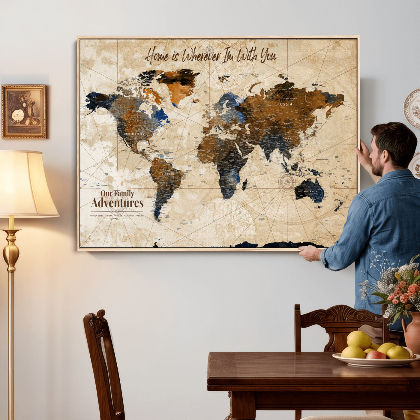20227642-MGV-CV-36X24 - Custom Push Pin World Map Wall Art Canvas Print – Personalized Travel Tracker with Pins Framed Large for Home and Office Decor