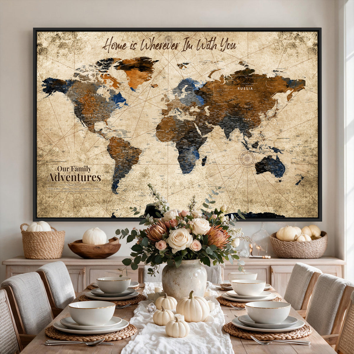 17548029-MGV-CV-36X24 - Personalized Framed Beige Modern Push Pin World Map Canvas Print, Bucket List Map, Home Office and Study Decor